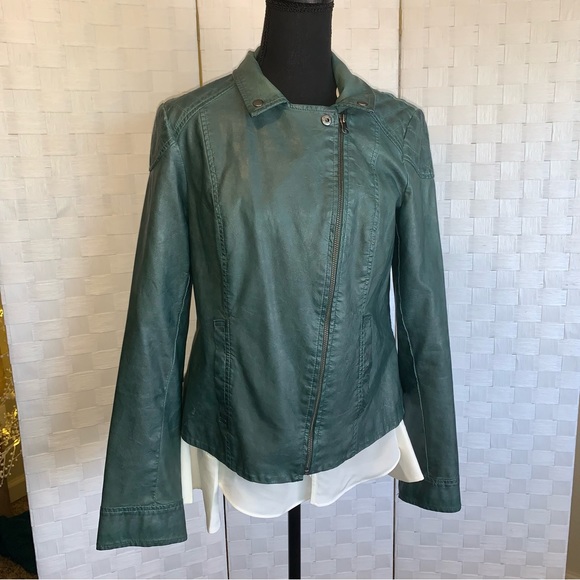 Anthropologie Fayette Vegan Leather Jacket Teal Boho Peplum Women’s Size 12 - Picture 4 of 15